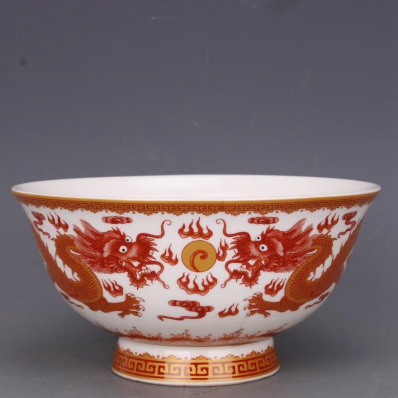Exquisite Old Chinese porcelain color Hand Painted Double dragon pattern Bowl 28