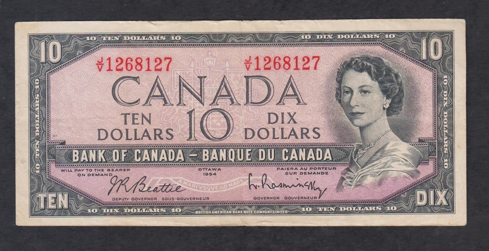 Error Canada 10 $ 1954 Serial Number Ink Showing Through