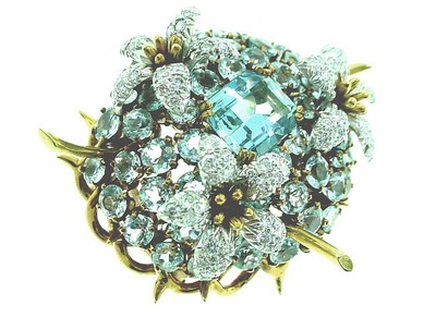 TIFFANY & CO   SCHLUMBERGER   AQUAMARINE & DIAMOND  BROOCH  , 18K  , PLATINUM