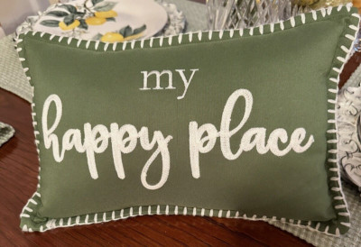 ''My Happy Place''  Poly Cotton  Pillow  -Exquiste Embroidery-High End Decor Piece