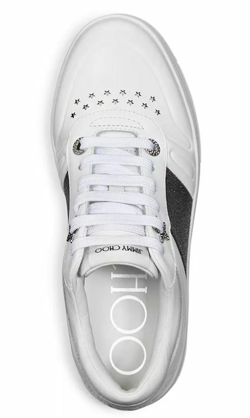 Pre-owned Jimmy Choo Hawaii Leather Lace-up Sneakers White/black Glitter Eu 40.5 /us 10.5