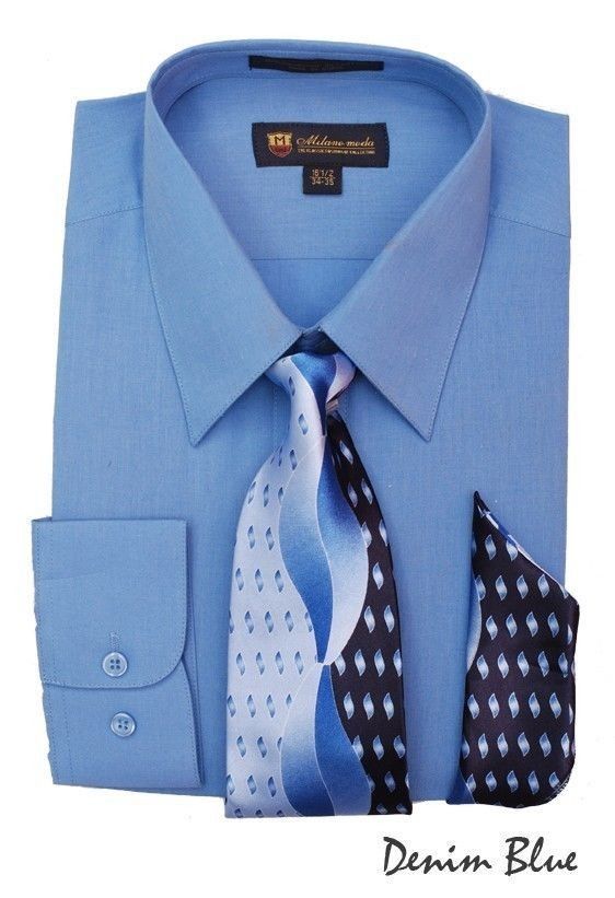 Men's Milano Moda Dress Shirt w/ Tie and Handkerchief Long Sleeve Style SG21