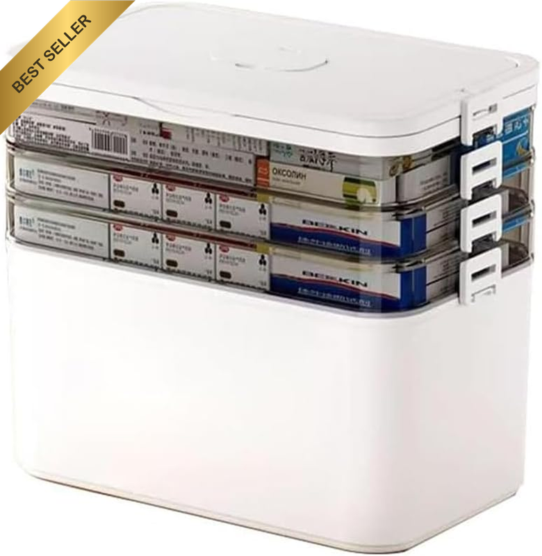 4-Tier Portable Medicine Storage Box – Large First Aid Organizer with Handle & A