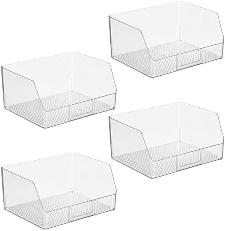 Wide Plastic Kitchen Food Storage Organizer Bin Basket with Open Front and Built-In Label Holder for Cabinets, Pantry - 12 Inch Width - 4 Pack - Clear