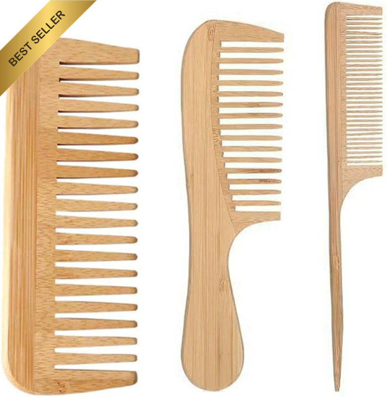 3Pcs Natural Bamboo Combs Set,Handmade Wooden Wide & Fine Tooth Comb for Hair &