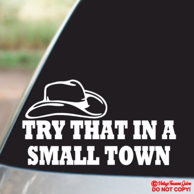 TRY THAT IN A SMALL TOWN COWBOY HAT - VINYL DECAL STICKER CAR WINDOW BUMPER USA
