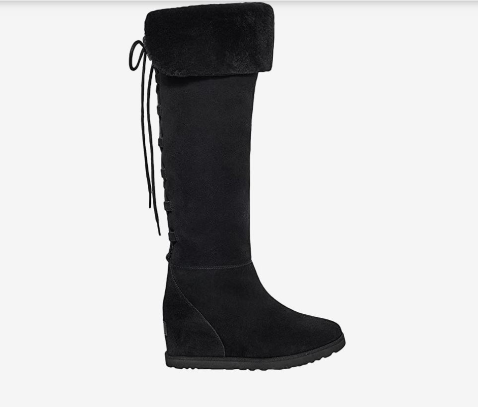 Pre-owned Ugg Classic Femme Genuine Shearling Lace Boots Over-knee Wedge Black Suede Sz 10