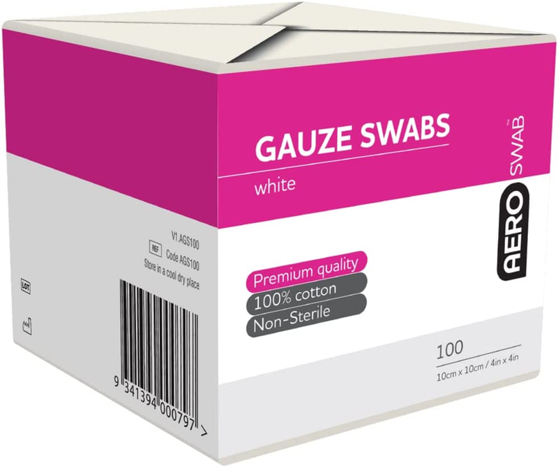 AEROSWAB Non‑Sterile White Gauze Swab, First Aid Absorbent 100% Cotton Multi‑Ply