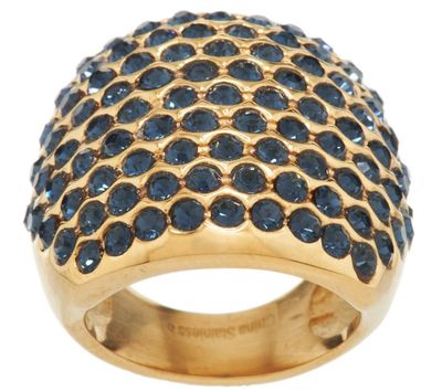 QVC Bold Blue Crystal Cocktail Ring Stainless Steel Yellow Gold Tone  J292748