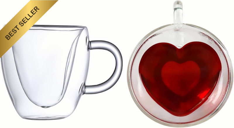 Heart Shaped Double Wall Glass Coffee Mugs 8.5oz Insulated Latte Cups