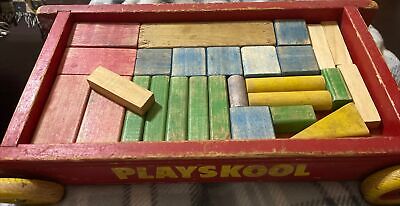 Vintage RED Playskool Wooden Wagon Pull Toy W/ Original Blocks Lots Of Life Left
