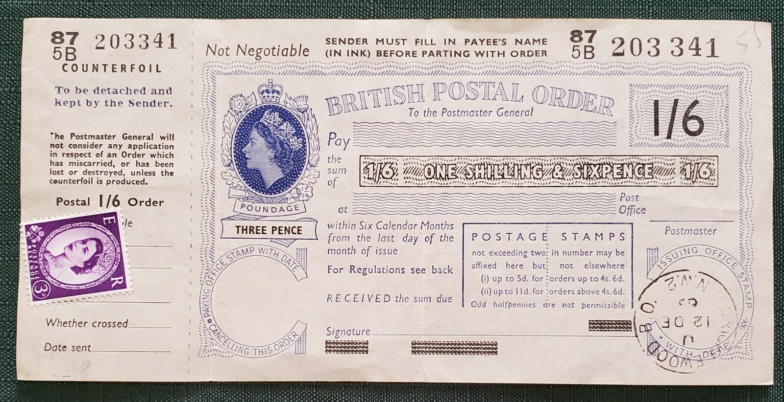 Vintage British Postal Order 1/6 With One ER Stamp, 1965
