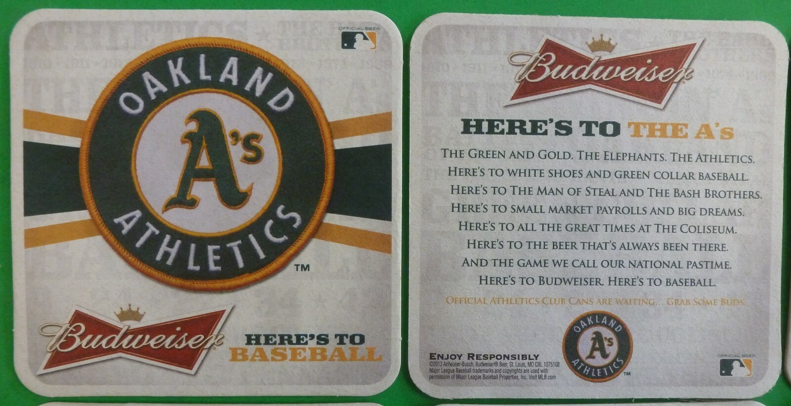 SIX UNUSED BUDWEISER OAKLAND ATHLETICS A's CARDBOARD BEER COASTERS
