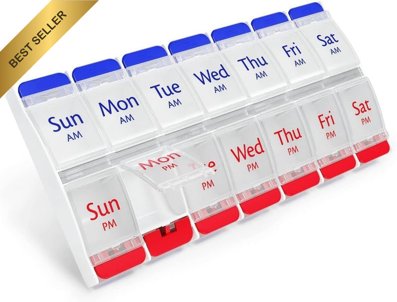 Push Button (7-Day) Pill, Medicine, Vitamin Organizer, Weekly, 2 Times a Day, AM