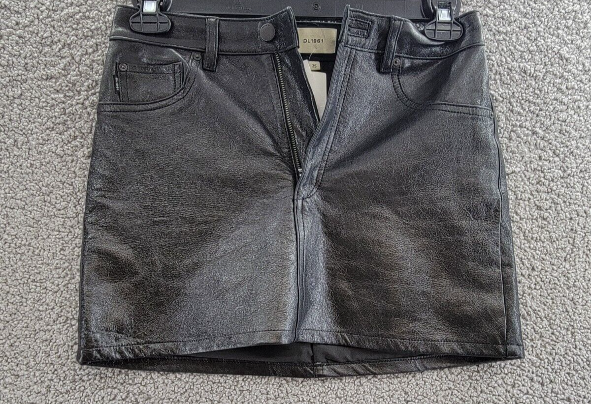 DL1961 Alma A-Line Leather Mini Skirt Women's 25 Black Patent 5 Pockets Design~ - Picture 2 of 16