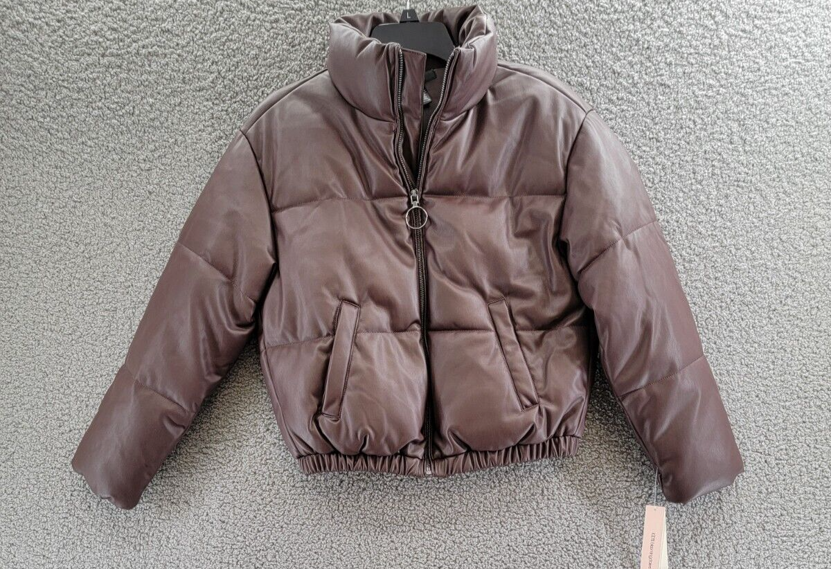 AQUA Faux Leather Puffer Jacket Women's XS Maroon Side Pockets Zip Closure L/S - Picture 2 of 16