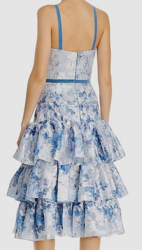 Pre-owned Marchesa $760  Notte Women's Blue Metallic Floral Ruched Ruffle Dress Size 14