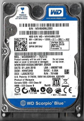 Western Digital WD2500BEVT-75ZCT2 250GB Sata Hard Drive DCM: HHNT2HB