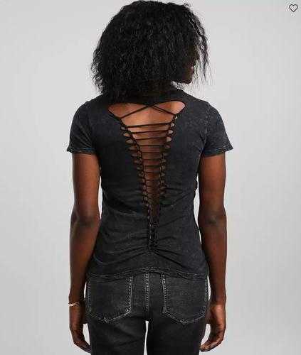 New Women's Affliction Brielle Lava Washed Lace SS Tee Black T-Shirt Top XS-XL