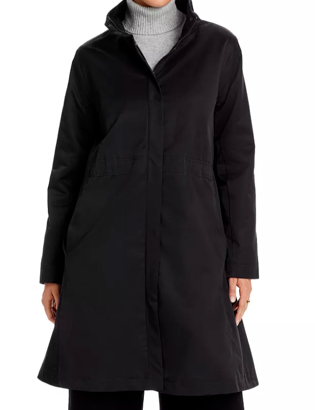 Pre-owned Eileen Fisher Stand Collar Fleece Lined Org Cotton / Nylon Coat Black Sz Mnwt