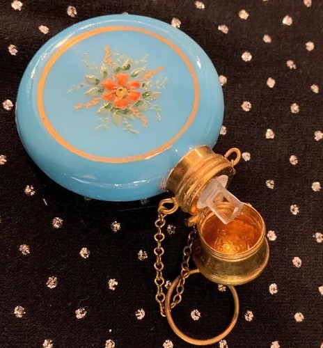 Sweet Antique Enamel Painted Blue Opaline Czech Glass Perfume Bottle