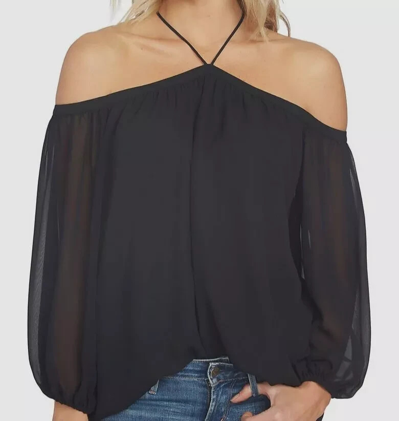 1.STATE Off-The-Shoulder Halter Neck Blouse Women's XXS Black Button Back L/S - Picture 1 of 15