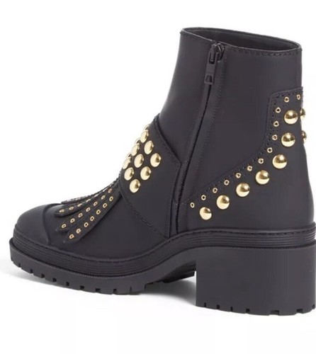 Pre-owned Burberry Whitchester Black Leather Fringe Gold Studded Belted Boots 40.5/10.5 Us