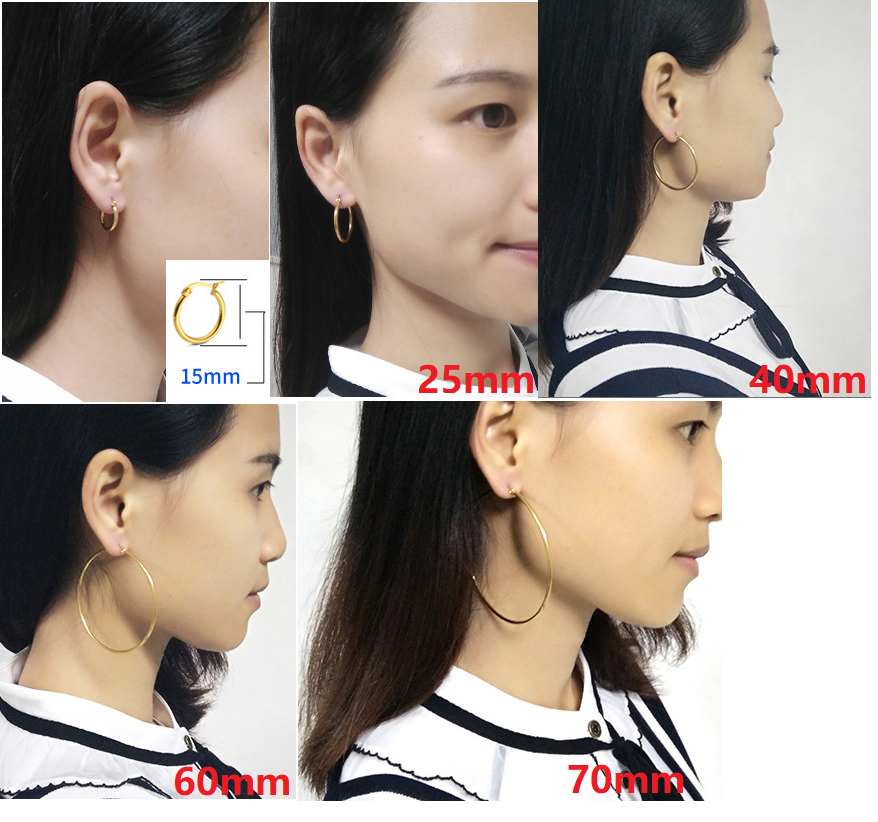 Gold Rose Gold Black Silver Stainless Steel Simple Round Hoop Earrings 10mm-70mm