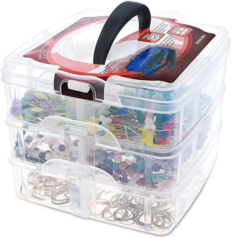 3-Tier Bead Organizer Box - 6X6X5 In, Clear Plastic Container with Dividers - Ad