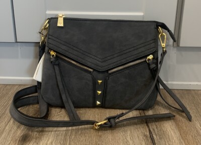 Adrienne Vittadini Black Multi Zip Crossbody Bag Studded Clutch Faux Suede