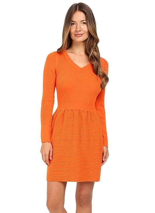 Boutique Moschino 166483 Womens Long Sleeve Ribbed Dress Orange Size 40