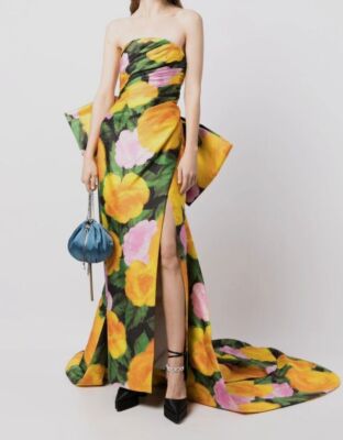 $5995 Rachel Gilbert Women's Yellow Emmy Floral Draped Bow Gown Dress Size 12