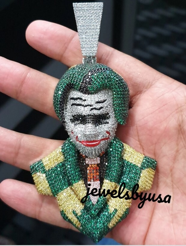 Pre-owned Nsg 3d Joker Face 3.2ct Color Cubic Zirconia Mens Unique Style Pendant Silver In White