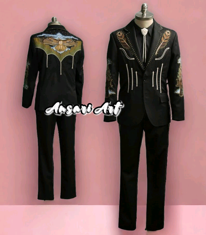 Pre-owned Art Men Black 2pc Bespoke Cowboy Eagle Floral Rinestone Country Western Suit Wedding