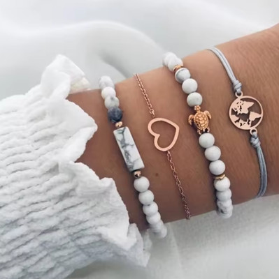 2Pcs New Fashionable Turquoise Beads Bracelet Heart Design Chain Bracelet Gold