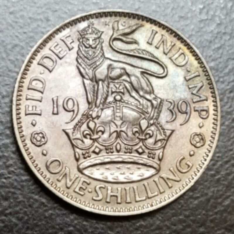 1939 GREAT BRITAIN SILVER SHILLING AU TONED COIN KM 854 WWII KING GEORGE VI