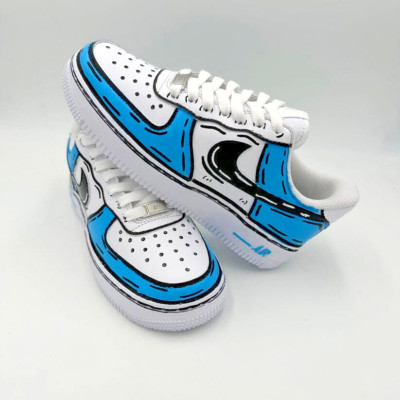 Air Force 1 Custom White Shoes UNC Light Blue Retro Cartoon Graffiti Urban Art