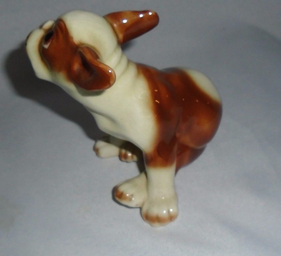 VTG BROWN & WHITE SAD FACE BULL DOG Figurine Japan Nippon BLACK STAMP CLOVER