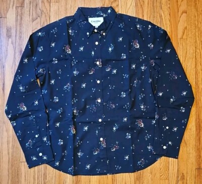 Corridor NYC Sz M Black Dark Broadcloth Floral Long Sleeve Button Down Shirt
