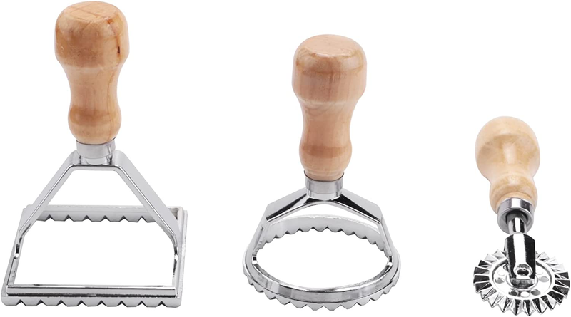 Ravioli Stamp Maker Cutter with Roller Wheel Set, Mold with Wooden Handle for Fl