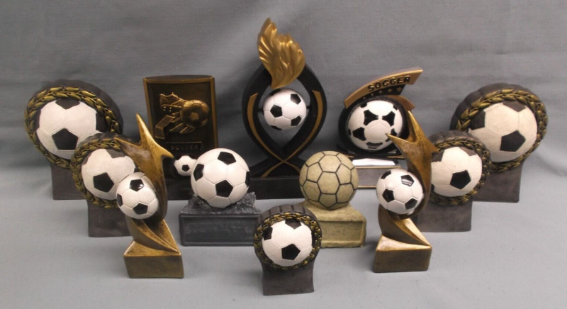 lot of 12 mixed lot of soccer trophies awards clearance resins heavy weight ball