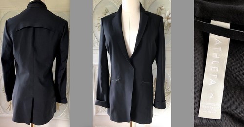 ATHLETA BLACK BLAZER JACKET NYLON LYCRA FITTED ZIPPED POCKETS SNAP FRONT 2 EUC