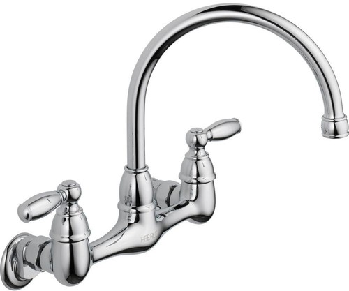 2-Handle Wall Mount Kitchen Faucet Chrome High Arc Rotating Spout Ergonomic