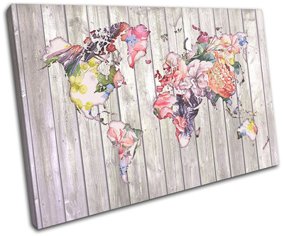 Foral Vintage World Map Maps Flags SINGLE CANVAS WALL ART Picture Print