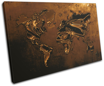 World Atlas Metal Modern Gold Maps Flags SINGLE CANVAS WALL ART Picture Print