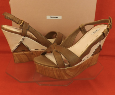 Pre-owned Miu Miu 5z6936 Brown Texture Leather Wooden Stitched Platform Sandals 39.5