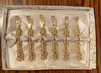 24K Gold Plated Vintage Rose Hors D'Oeuvres Forks JANIS COLLECTION - Set of 6