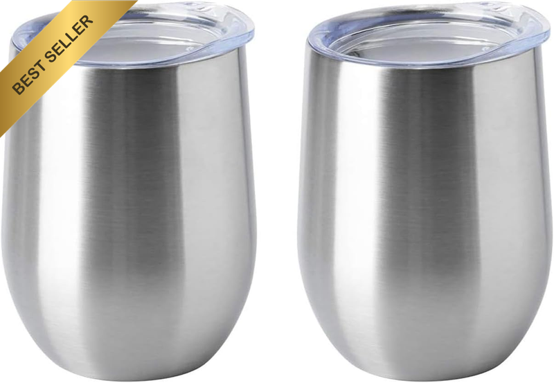 2 Pack Stainless Steel Glasses, Double Wall Insulated with Lid Stemless Wine Gla
