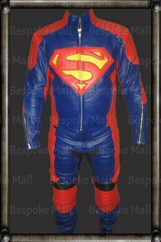 Pre-owned Handmade Men's Of Steel Superman Two Piece Real Cowhide Leather Suit Safety Pads-52 In Blue