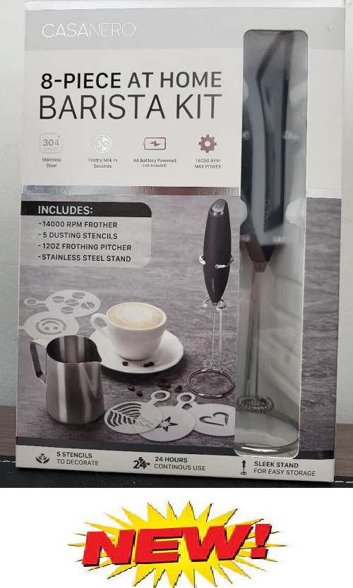 NEW At Home Barista Kit - Frother Dusting Stencils 12oz Frothing Pitcher & Stand